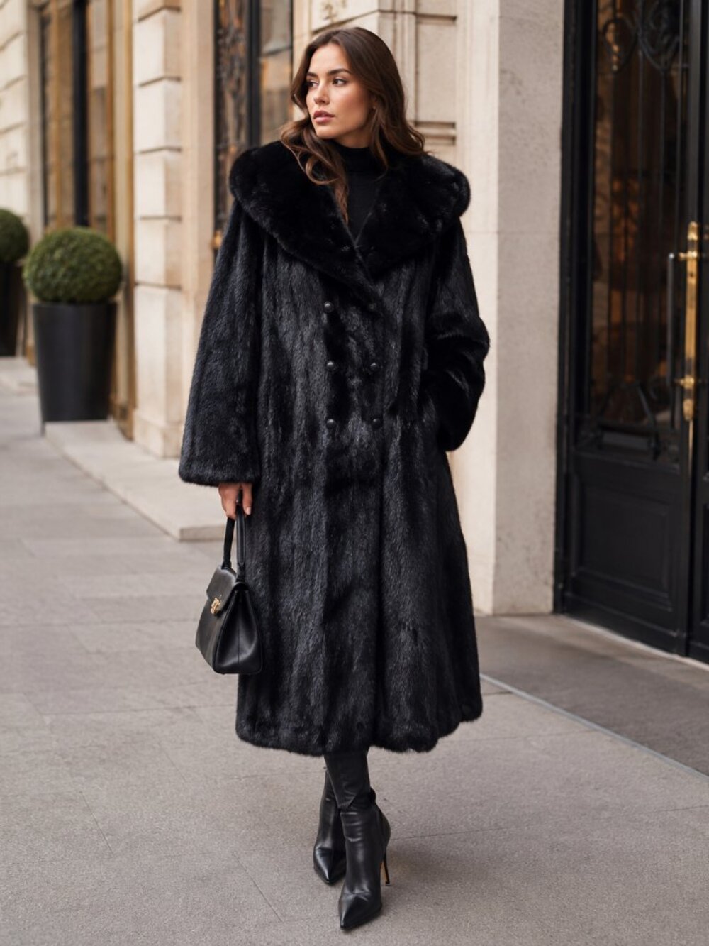 Vintage Black Genuine Mink Fur Full Length Double Breasted Coat Size L/XL
